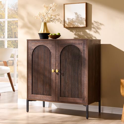 IFGET Modern Buffet Cabinet with Storage, 34" Tall Fluted Arched Sideboard Cabinet w/Adjustable Shelves, Wooden Modular Coffee Bar for Dining Room, Kitchen, Living Room, Entryway, Brown - color: Brown, size: 1 Piece