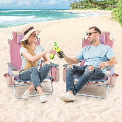 Tangkula Set of 2 Backpack Beach Chair, 5-Position Lay Flat Beach Chairs with Cooler Bag, 2 Cup Holders, Towel Bar, Lightweight Folding Beach Chair with Backpack Straps - color: Pink, style: 2 Pack