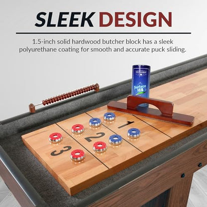Hathaway Challenger Shuffleboard Table for Family Arcade Game Room - with Poly-Coated Playfield, Built-in Scorer & Cabinet, Climate Adjusters, Leg Levelers, 8 Pucks, Brush & Wax - Walnut Finish - size: 14-foot