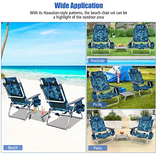 Tangkula Backpack Beach Chair with Table, 5-Position Lay Flat Lightweight Low Folding Beach Chairs with Cooler Bag, 2 Cup Holders, Towel Bar, Backpack Straps - color: Navy, style: 2 Pack with Table