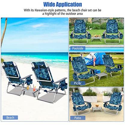 Tangkula Backpack Beach Chair with Table, 5-Position Lay Flat Lightweight Low Folding Beach Chairs with Cooler Bag, 2 Cup Holders, Towel Bar, Backpack Straps - color: Navy, style: 2 Pack with Table
