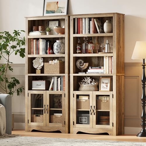 LINSY Bookshelf with Doors, 6 Shelf Bookcase Tall Bookshelves, 73" Farmhouse Book Shelf with Storage Cabinet, Wood Book Shelves for Living Room, Bedroom, Office, Rustic Brown - color: Brown
