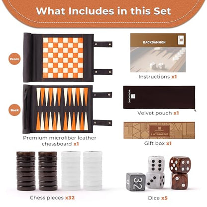 Woodronic 3 in 1 Travel Chess Checkers Backgammon Set, Roll-up Leather Backgammon Game Set with 32 Pearl Textured Pieces and 5 Dices, Portable Travel Strategy Board Game Set for Adult, Navy Blue - color: Navy Blue