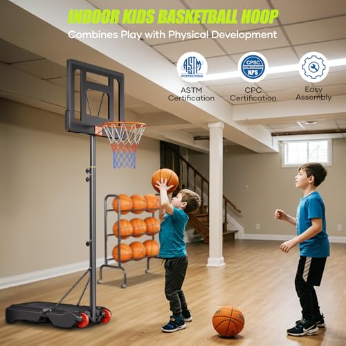 Asbest Kids Basketball Hoop Outdoor, 5.08-7 FT Adjustable Height, 32Inch Portable Basketball Hoop for Kids in Backyard, Driveway, Indoor, Shatterproof PC Backboard