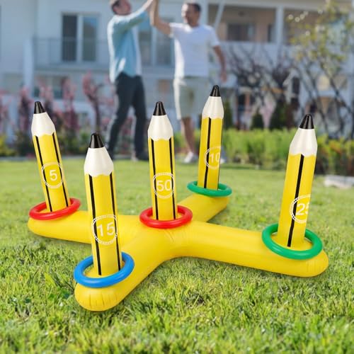 Skylety 3 ft Back to School Inflatable Pencil Ring Toss Game with 5 Colorful Rings Pool Ring Toss Toys for Family Summer Pool Birthday Party Inflatable Games Giant Outdoor Lawn & Yard