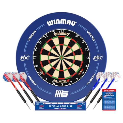 WINMAU Blade 6 Dartboard Set – PDC Endorsed Professional Dart Board with Surround – Includes 2 Steel Tip Dart Sets, Oche Line & Checkout Card – Complete Home Darts Setup