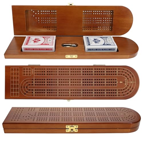 Pacific Shore Games Wooden Cribbage Board Game Set, Walnut Stained Continuous 3 Track for 2-3 Players, Card Storage - color: Walnut