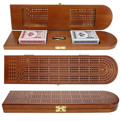 Pacific Shore Games Wooden Cribbage Board Game Set, Walnut Stained Continuous 3 Track for 2-3 Players, Card Storage - color: Walnut