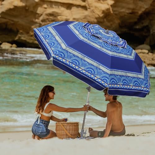 AMMSUN 7ft Heavy Duty High Wind Beach Umbrella with Sand Anchor & Tilt Sun Shelter, UPF50+ Protection Outdoor Sunshade Umbrellas and Parasols Carry Bag for Patio Garden Beach Pool Backyard - color: Spray Pavilion Blue