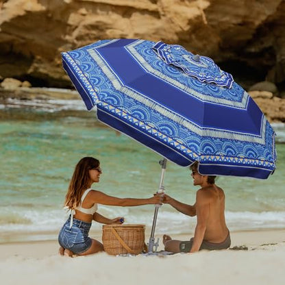 AMMSUN 7ft Heavy Duty High Wind Beach Umbrella with Sand Anchor & Tilt Sun Shelter, UPF50+ Protection Outdoor Sunshade Umbrellas and Parasols Carry Bag for Patio Garden Beach Pool Backyard - color: Spray Pavilion Blue