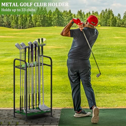 Golf Club Holder Stand Metal Golf Club Rack for 33 Clubs & Golf Balls, Golf Ball Holder Display with Artificial Turf Mat, Floor Standing Golf Storage Organizer for Home Garage Indoor Simulator