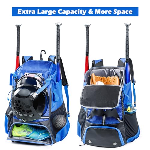 Baseball Backpack for Youth, Boys, Adults - Bat and Softball Equipment Bag With Glove Holder, Helmet, Shoes Compartment - T-Ball Accessories and Baseball Gifts - color: Blue-42L