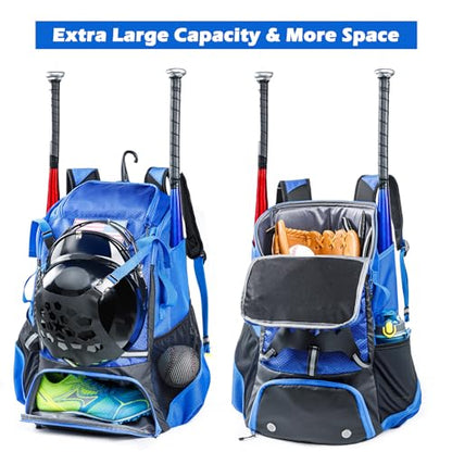 Baseball Backpack for Youth, Boys, Adults - Bat and Softball Equipment Bag With Glove Holder, Helmet, Shoes Compartment - T-Ball Accessories and Baseball Gifts - color: Blue-42L
