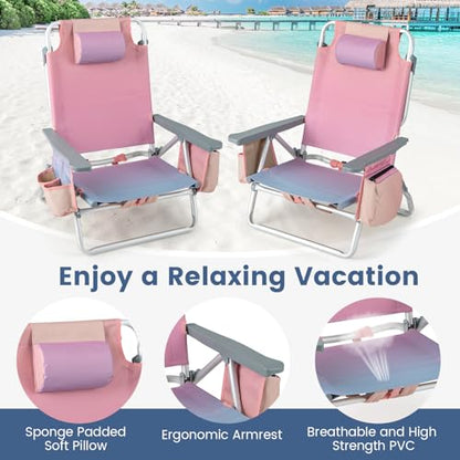 Tangkula Set of 2 Backpack Beach Chair, 5-Position Lay Flat Beach Chairs with Cooler Bag, 2 Cup Holders, Towel Bar, Lightweight Folding Beach Chair with Backpack Straps - color: Pink, style: 2 Pack