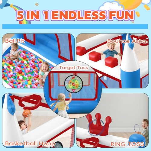 Kids Bounce House with Ball Pit, Basketball Hoop, Target Game and Ring Toss Game PVC Jumping Castle with Electric Air Pump 98”x 70”x 65” Trampoline for Ages 3-8 Indoor or Outdoor Play