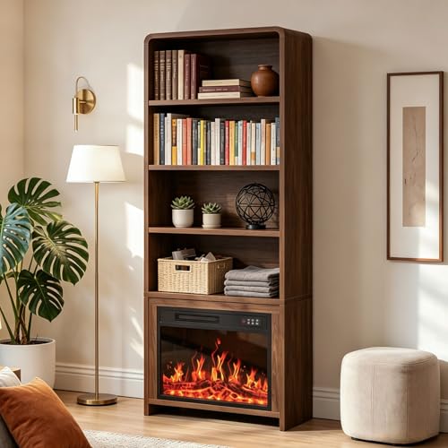 OFIKA 70" Tall Bookshelf with 23" Electric Fireplace Inserts,Tall Arched Bookcase with 3D Realist Flame,Timer, Modern Storage Accent Bookshelf for Home, Office, Living Room,Vintage
