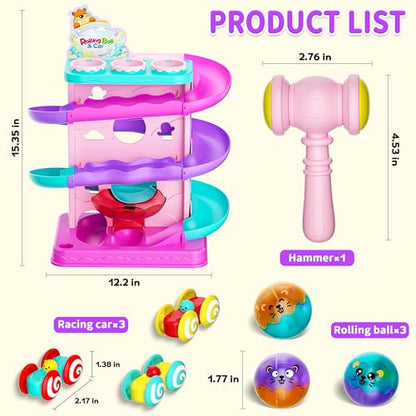 Funwee 2-in-1 Light Up Rolling Ball & Racing Car Ramp Toddler Toy, Race Track Hammer Ball Drop Toys, Interactive Montessori Learning Game for Kids 1-5+ Year Old Girl Boy Gift(Pink) - color: Pink