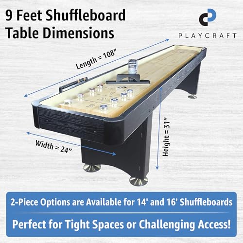 Playcraft Woodbridge Shuffleboard Table with Storage Cabinet - Shuffle Board Game Table Set with Matching Abacus, 8 Pucks, Brush & Wax (Made in USA) - Pro Style Climate Adjusters - color: Black, size: 9 Feet - 1 Piece