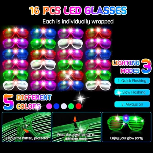 248PCS Glow in the Dark Party Supplies, Party Pack Bulk , 16PCS Foam Glow Sticks & LED Glasses, 16PCS LED Light Up Rings and 200PCS Glow Sticks for Neon Party Decorations, halloween party favors