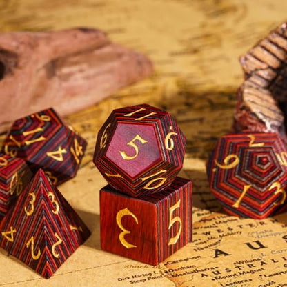 Wood DND Dice Set Red Orange Striped Handmade Wood Dice Set for Role Playing Games and Tabletop Game - color: Red Orange Grey Striped