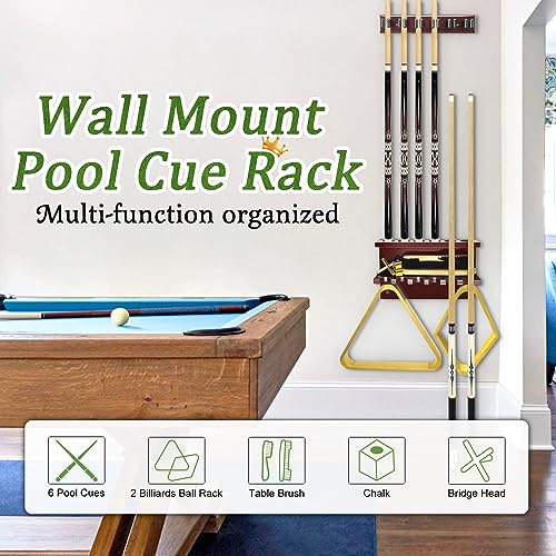 Hardwood Billiards Pool Cue Rack - Wall Mount Holder for 6 Cues, Sticks Storage and Table Accessories Organizer - Game Room Club (Red) - style: Red
