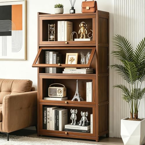 4-Tier Display Cabinet,Curio Display Case with Acrylic Doors, Collectibles Toy Organizers Rack & Display Shelf, Bookcase for Home Office, Study, Living Room,Bedroom,Playroom,Reading Corner Bookshelf - color: Brown-1