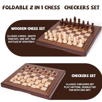 2 in 1 Magnetic Wooden Chess and Checkers Board Game Set, 12" Folding Chess Boards, Portable Travel Chess Sets with Pieces Storage Slots, Beginner Chess Game Set for Kids and Adults