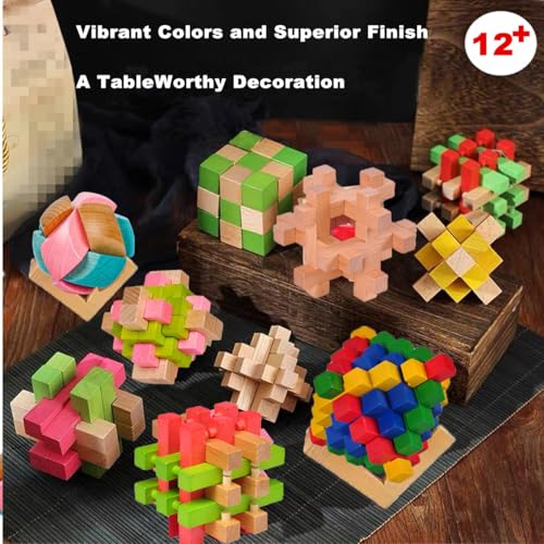 Wooden Brain Teaser Puzzles for Adults, 6PCS Coffee Table Puzzle Games with Display Stands, Challenging 3D Wood Puzzles for Teens to Seniors, Birthday Christmas Party Gifts