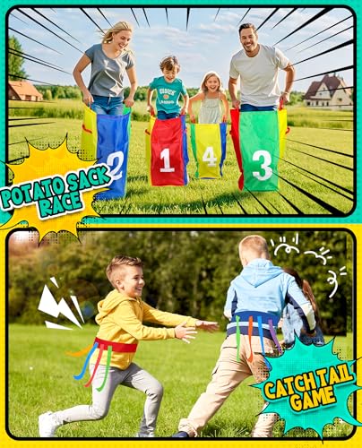 Eocolz Outdoor Carnival Games, Potato Sack Bags for Kids Adults, Egg Spoon Relay Race, 3 Legged Race Bands, Catch Tail Games, Birthday Party, Field Day Family Day Yard Lawn Easter Fall Festival Games