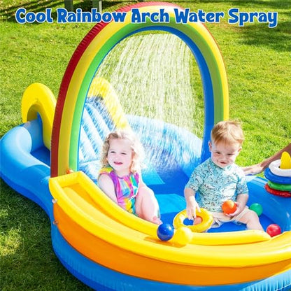 Inflatable Swimming Pool with Water Slide, Inflatable Play Center with Spray Water, Toss Ring, Ball for Outdoor Backyard Garden Water Park - size: 86.5"