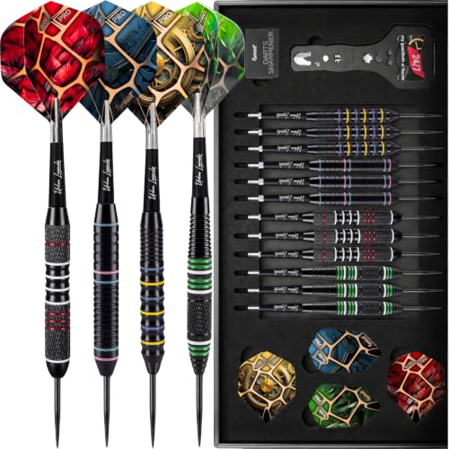 Steel Tip Darts, 12 Pack, 4 Weights, Multi-Zone Grips, Urban Legends | 1.4in TwinForce shafts, 32 GlideXPro flights, 12 flight protectors, sharpener, wrench, magnetic gift box, 10-yr warranty - color: Manhattan Midnight
