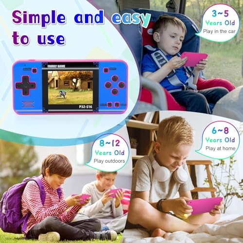 Handheld Game for Kids ，Built-in 220 32-bit Video Games, 3.0” IPS Screen, Rechargeable Portable Game , Travel Mini Arcade Electronic Toys Gift for Boys and Girls (Pink+Blue) - color: Pink+blue
