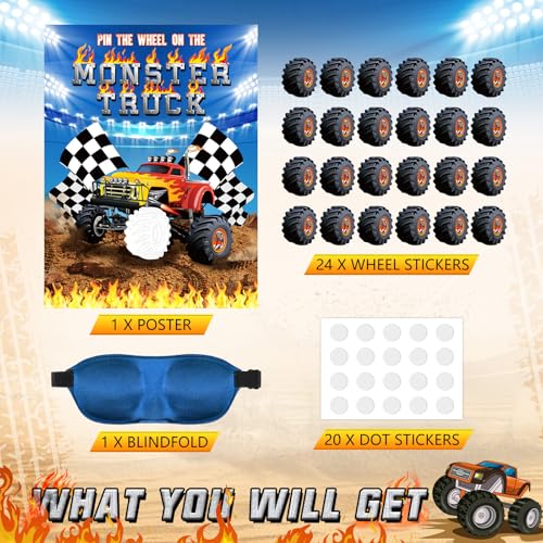Faccito Monster Truck Birthday Games Pin The Wheels on The Monster Truck Large Poster with 24 Wheel Stickers and Game Blindfold Cars Pin The Wheels Game for Birthday Decorations Trucks Party Supplies - style: Monster