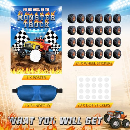 Faccito Monster Truck Birthday Games Pin The Wheels on The Monster Truck Large Poster with 24 Wheel Stickers and Game Blindfold Cars Pin The Wheels Game for Birthday Decorations Trucks Party Supplies - style: Monster