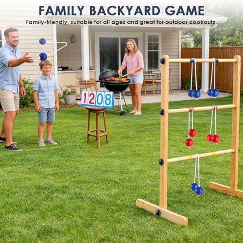 Ladder Ball Set with 2 Ladders 6 Bolas and Scoreboard Lawn Game Ladder Toss Outdoor Ladder Toss Game Set Wood Ladder Ball Set