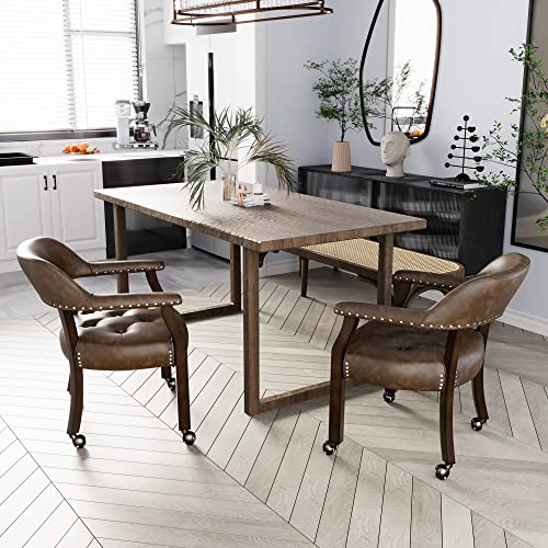 Set of 4 Dining Leather Chairs with Casters & Arms, Accent Captain Chair with Wheels, Roller Wood Wheeled Chairs for Kitchen & Game Poker Table,Espresso&Brown 1910BN(NO Table!) - color: Espresso&brown
