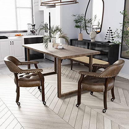 Set of 4 Dining Leather Chairs with Casters & Arms, Accent Captain Chair with Wheels, Roller Wood Wheeled Chairs for Kitchen & Game Poker Table,Espresso&Brown 1910BN(NO Table!) - color: Espresso&brown
