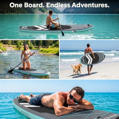 SereneLife 10’6” Inflatable Stand Up Paddle Board with Premium SUP Accessories - 32” Wide Stable Design with Non-Slip EVA Deck Pad, for Youth and Adults, 350 lbs. Capacity - color: Black