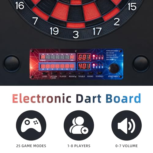 Electronic Dart Boards with Metal Case for Adults, Electric Dart Board with 6 Soft Tip Darts, Electronic Digital Dartboard Automatic Scoring, with Voice, LCD Screen, 25 Games for 1-8 Players