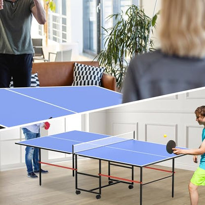 8FT Table Tennis Table with Net, Indoor/Outdoor Professional Ping Pong Table for Kids Adults, Folding Ping Pong Table, Complete Set with Paddles and Balls, School Playground Game Table - color: New Blue
