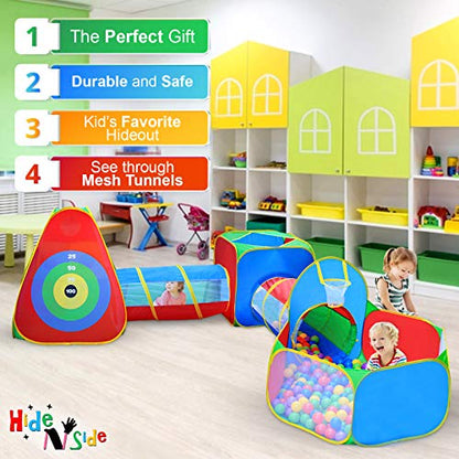 Hide N Side 5pc Kids Ball Pit Tents and Tunnels, Toddler Jungle Gym Play Tent with Play Crawl Tunnel Toy, for Boys Babies Infants Children, Indoor Outdoor Gift, Target Game w/ 4 Dart Balls