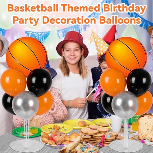 Basketball Party Balloons Stand Kit - 2 Sets With 2 Basketball Ball Foil Balloons - Basketball Themed Party Balloon Centerpiece for Tables - Game Sports Birthday Party Decorations - style: Basketball