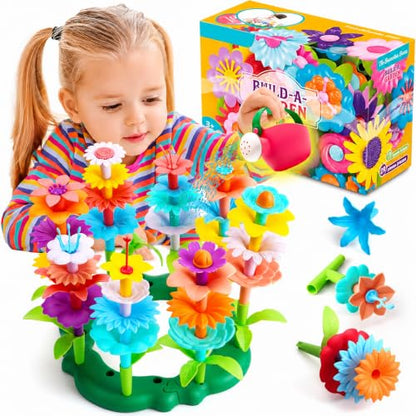 FUNZBO Girl Flower Garden Building Toys Set - Birthday Gifts for Age 3 4 5 6 7 8 Years Old Girls, STEM Montessori Educational Toy for Toddler Kids, Sorting & Stacking Spring Gardening Set - size: Starter Set - 46pcs