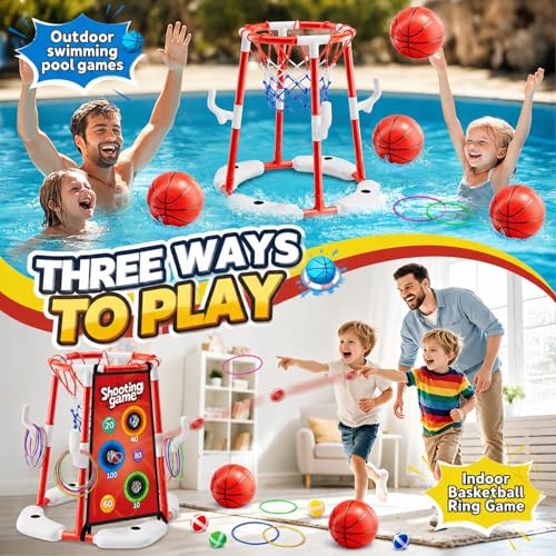 3 in 1 Pool Basketball Hoop & Ring Toss Game for Kids 4-8 8-12 - Floating Pool Toys Set with 4 Basketballs, 12 Rings, 2 Target Boards, 12 Bean Bags, Pump - Backyard Swimming Pool Summer Birthday Gift - color: red