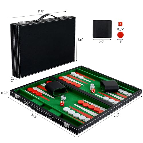 Backgammon Sets for Adults, 15" Backgammon Set Leather Large, Travel Backgammon Board Games - Classic Board Game (Green Inner Lining) - color: Green