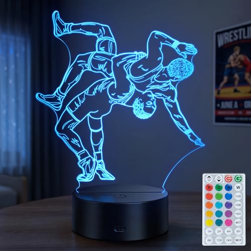 Wrestling Night Light, Wrestling Gifts for Men Boys | Wrestler 16 Colors Changing Dimmable Timer 3D Illusion Lamp, Sports Decor for Birthday Christmas Room Decoration - color: Wrestling