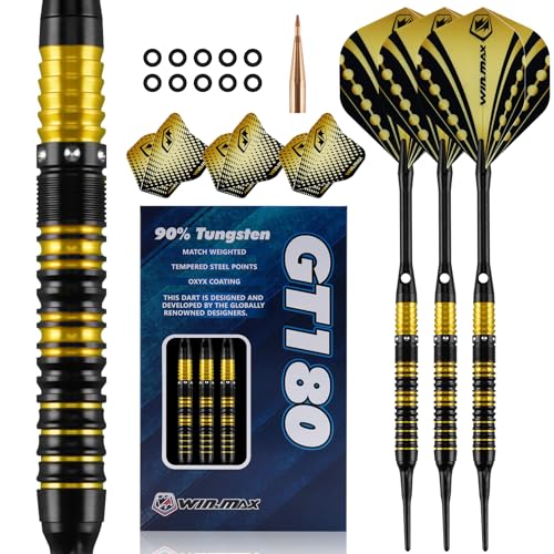 WIN.MAX Darts Soft Tip Set - 90% Tungsten Soft Tip Darts Set Professional 18 Grams Soft Darts Pro Dart Set with Extra 3 Flights - color: Gold and black