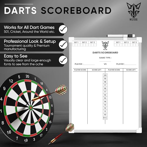 Large Dart Scoreboard (16" * 12") with Dry Erase Marker, Eraser & Mounting Strips | Whiteboard Darts Scorer for 501 & Cricket | Complete Dartboard Scoring System
