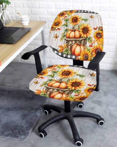 Savannan Office Chair Cover, Farm Fall Sunflower Pumpkin Leaves Protective Stretch Elastic Universal Cover for Desk Task Chair,Computer Rotating Chair 1 Pcs Retro Wood Board Buffalo
