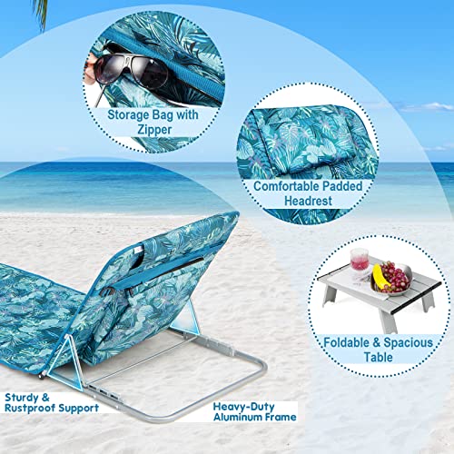 Goplus Beach Chairs with Side Table, 2 Pack Folding Lounge Chairs for Adults, with 5 Adjustable Position, Backpack Lightweight Reclining Lounge Chair for Lawn Camping Picnic Sunbath Pool (Blue&Green) - color: Blue&green
